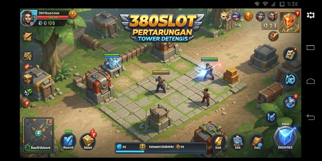 Tangkapan layar gameplay 380SLOT menunjukkan aksi Tower Defense yang intens.