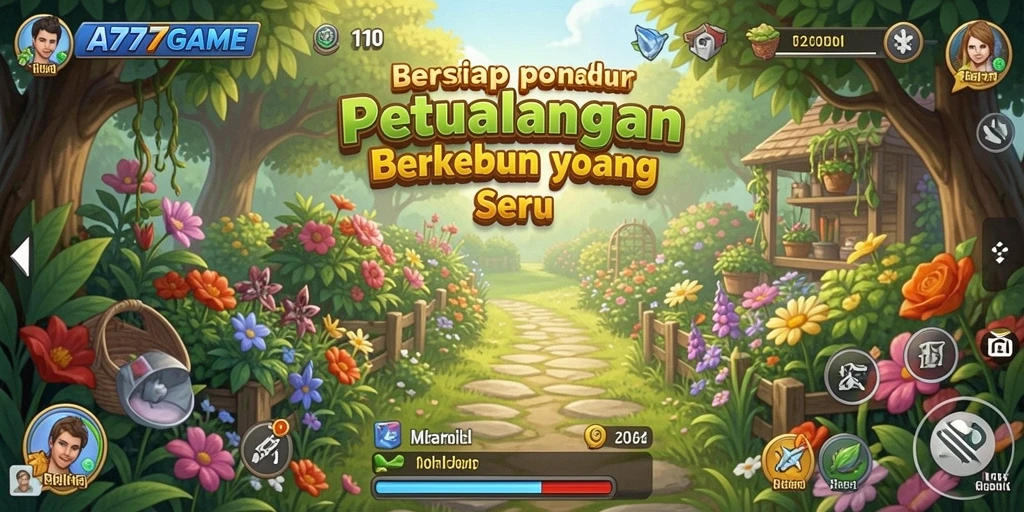 Tampilan gameplay A777GAME dengan ladang yang subur dan hewan ternak.