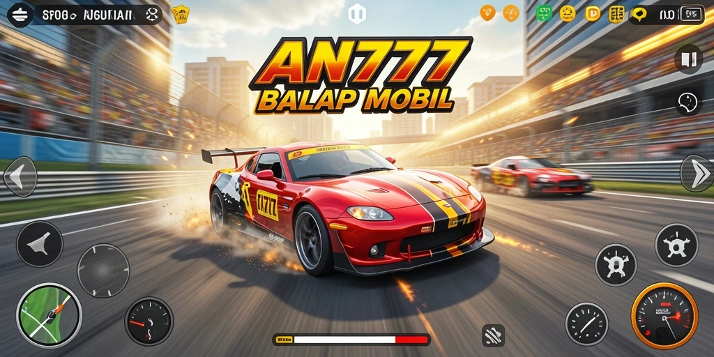 Screenshot AN777 menampilkan mobil balap melaju cepat di trek menantang.