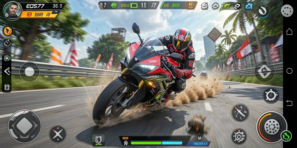 Tampilan gameplay EOS77 yang menegangkan saat balapan motor.