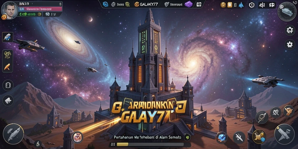 Screenshot gameplay GALAXY77 saat menara mempertahankan invasi musuh.
