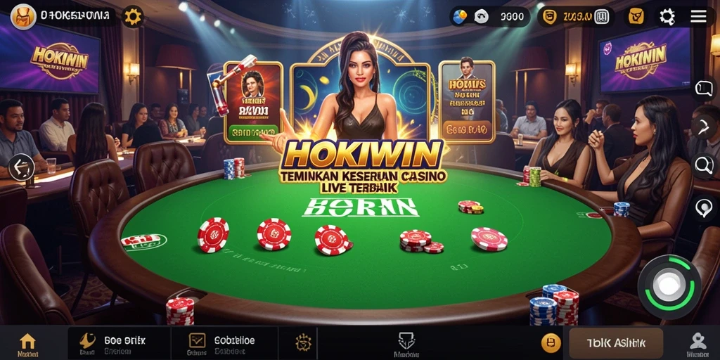 Screenshot utama HOKIWIN menampilkan dealer langsung dalam permainan Live Casino yang seru.