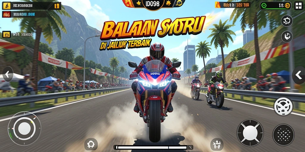 Tampilan gameplay ID098 yang penuh aksi dalam balapan motor.