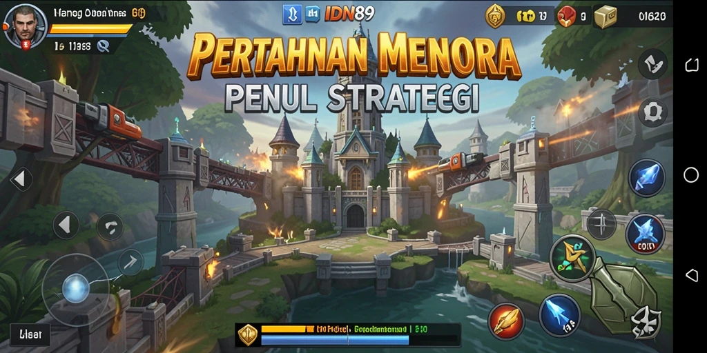 Gameplay IDN89 menampilkan pertarungan menara melawan gelombang musuh.