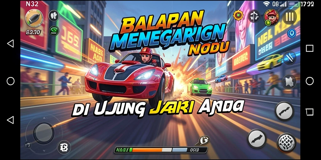 Screenshot gameplay N32 menampilkan mobil balap melaju kencang di trek menantang.