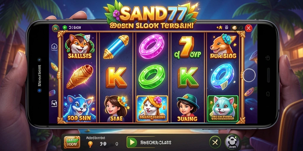 Tampilan gameplay SAND77 dengan mesin slot yang menarik dan warna cerah.