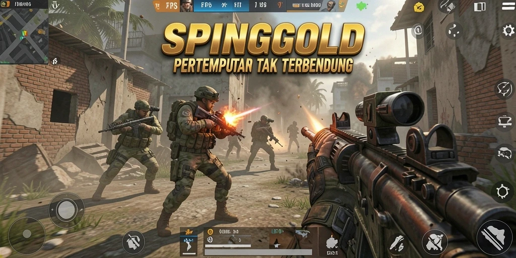 Screenshot SPINGOLD menampilkan aksi penuh adrenalin dari gameplay FPS.